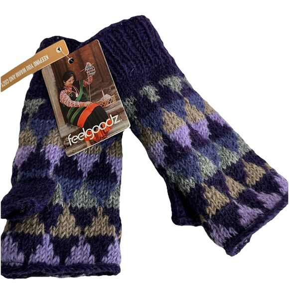 feelgoodz Jaya Bloom wool knit half mitten gloves hand Purple Gray Triangles - Picture 1 of 7
